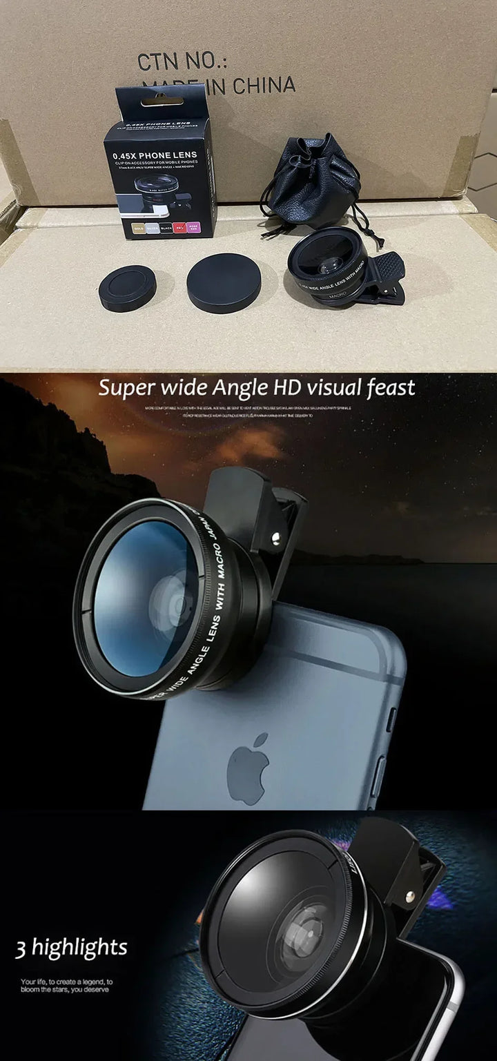 Ultra Wide Angle Lens for Mobile Phone, Macro Lens, Universal Clip, HD, SLR, External Camera Lenses, 0.45X