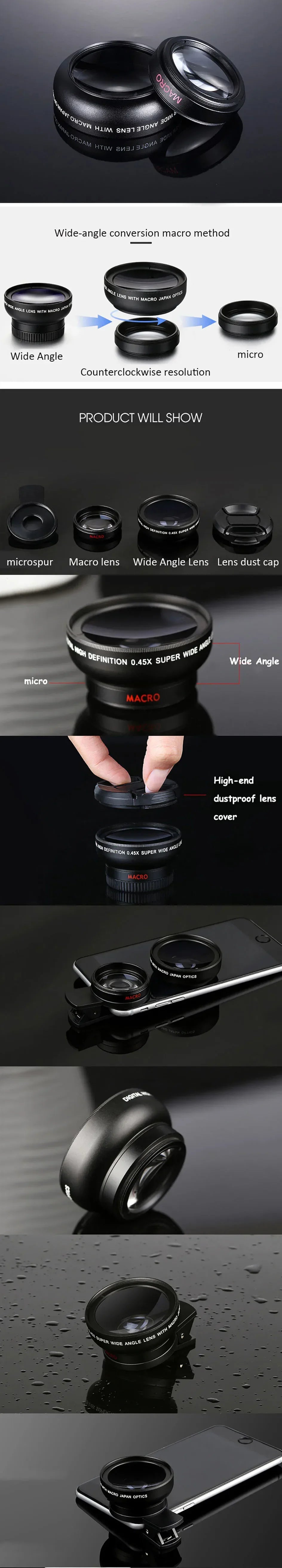 Ultra Wide Angle Lens for Mobile Phone, Macro Lens, Universal Clip, HD, SLR, External Camera Lenses, 0.45X