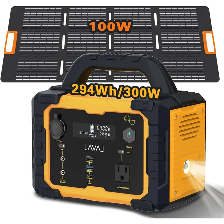 300W Portable Solar Power Station Equipped with 100W Foldable Solar Panels and 120V/300W AC Power Sockets