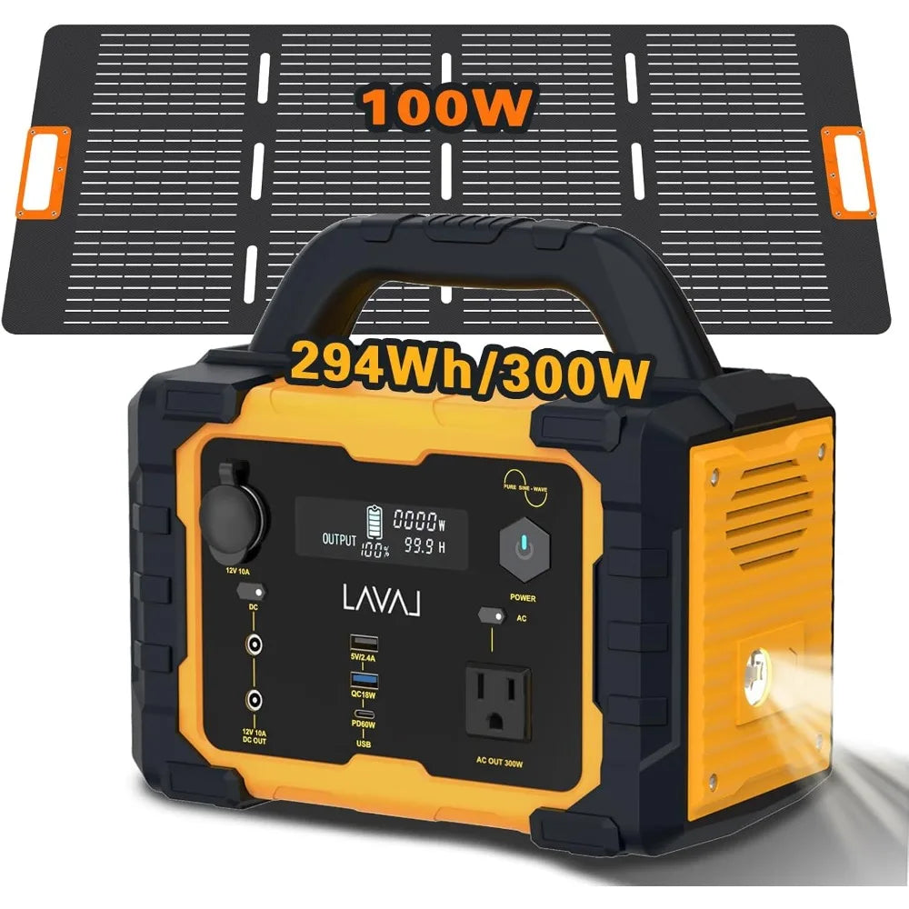 300W Portable Solar Power Station Equipped with 100W Foldable Solar Panels and 120V/300W AC Power Sockets