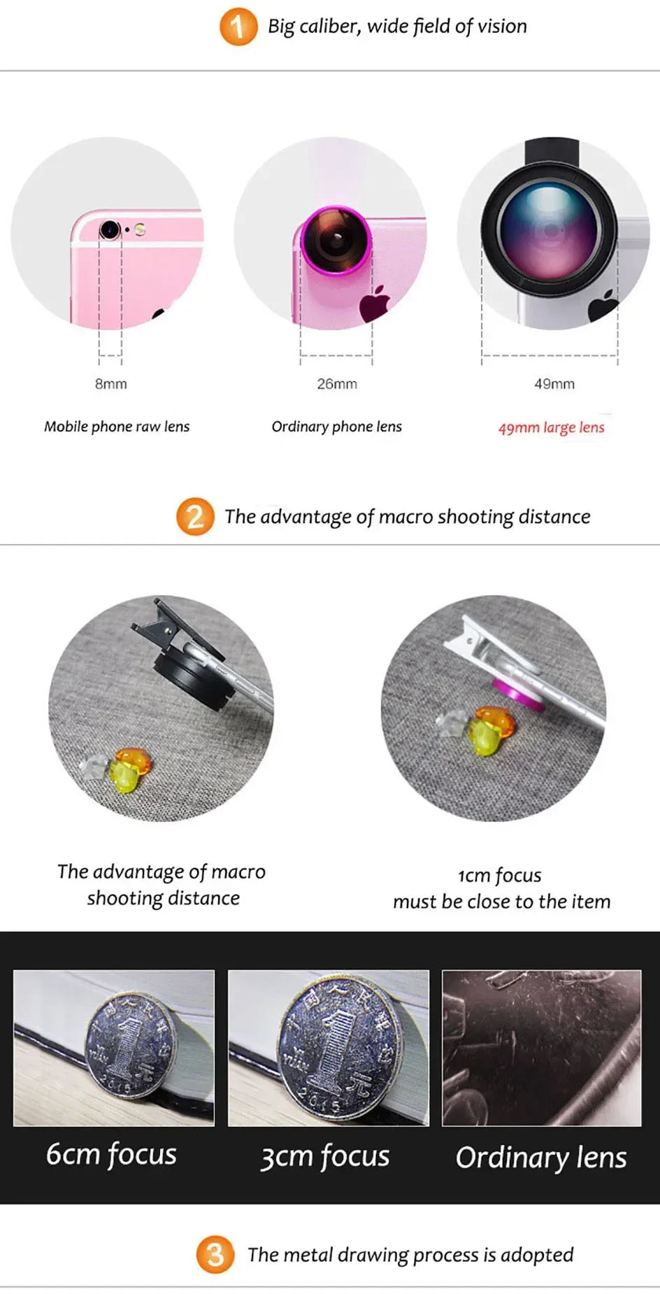Ultra Wide Angle Lens for Mobile Phone, Macro Lens, Universal Clip, HD, SLR, External Camera Lenses, 0.45X